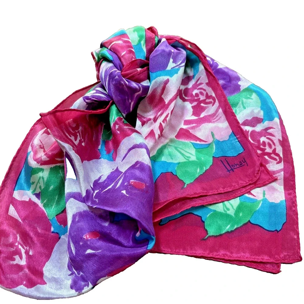 Vintage Honey Pure Silk Scarf Pink Purple Roses Flower Power Blue Green Floral